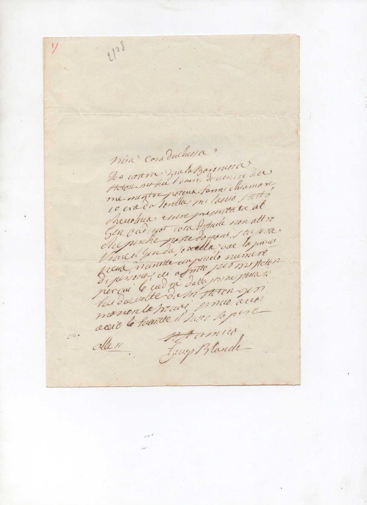 lettera autografa firmata inviata alla duchessa di satriano. non datata.