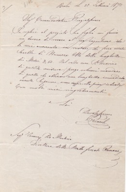 lettera autografa firmata, datata 22 febbraio 1870 - brolio, inviata al commendator de martino.