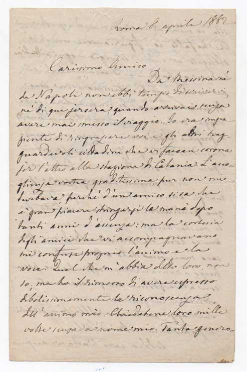 lettera autografa firmata datata 8 aprile 1882 - roma, inviata ad abramo vasta fragalà