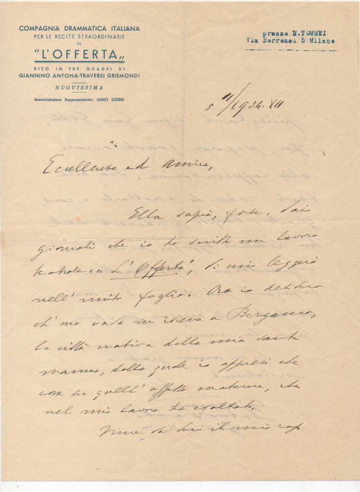 lettera autografa firmata, datata 5 novembre 1934, inviata ad un amico, probabilmente il prefetto di bergamo lorenzo la via.