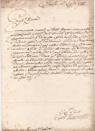 lettera con firma autografa, datata 16 luglio 1723 - imola, inviata al nipote ippolito bentivoglio.