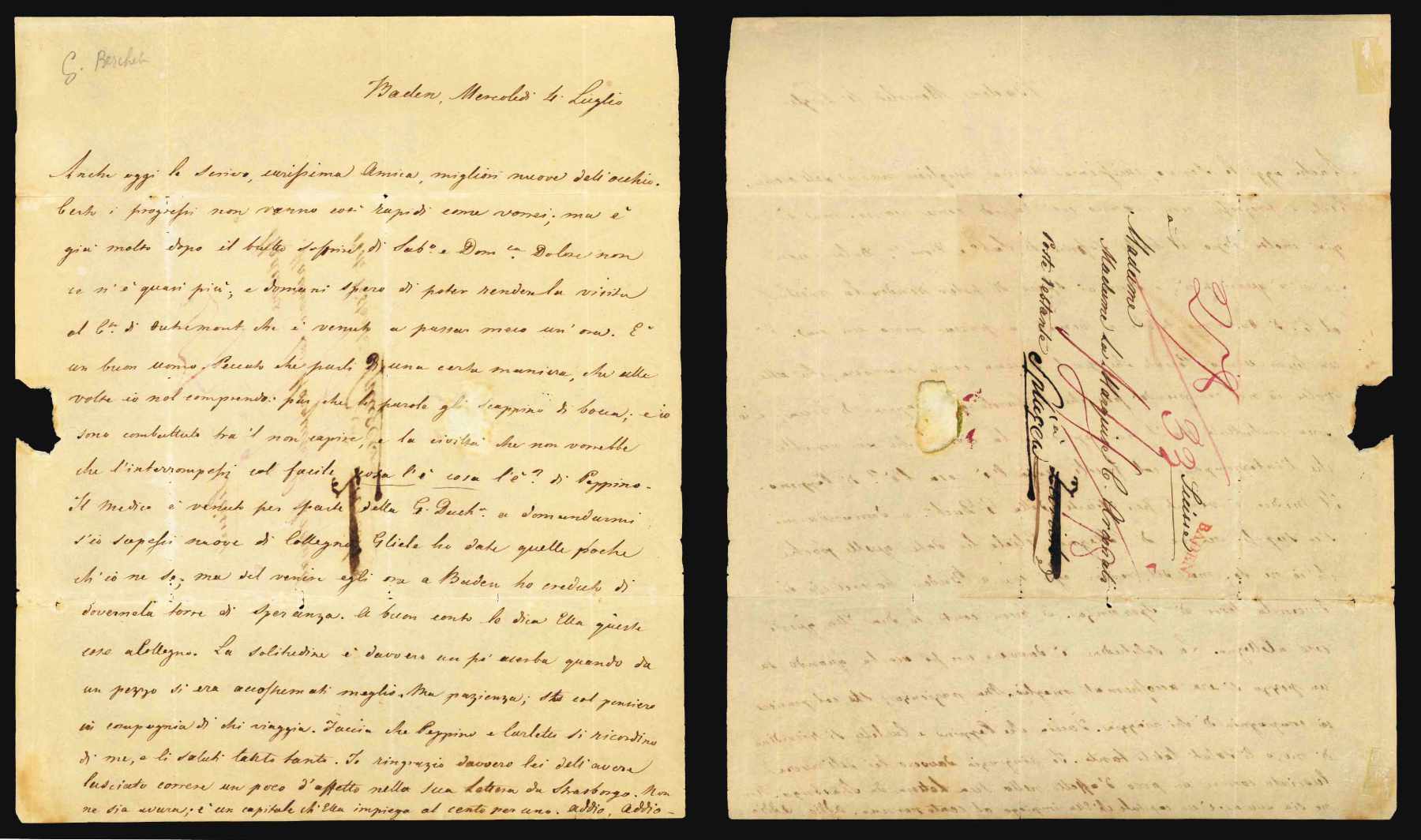 lettera autografa non firmata, datata 4 luglio [anni 1830?] - baden, inviata alla marchesa arconati