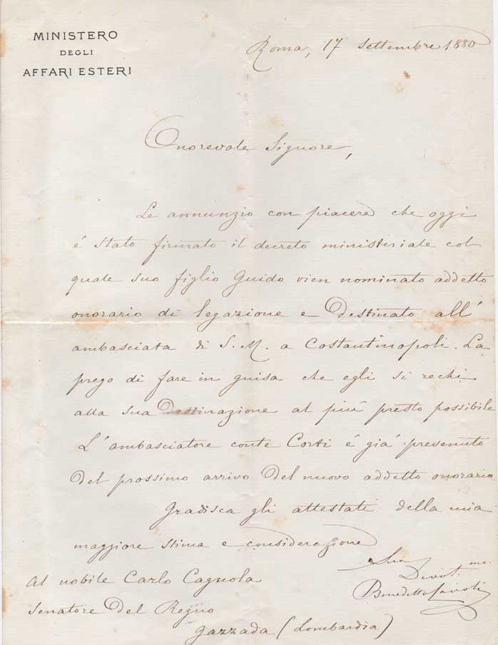 lettera autografa firmata, datata 17 settembre 1880 - roma, inviata a carlo cagnola - gazzada, lombardia