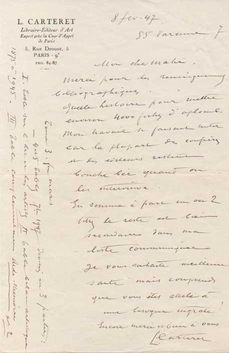 lettera autografa firmata, datata 8 febbraio 1947 - parigi, inviata al bibliografo raymond mahé