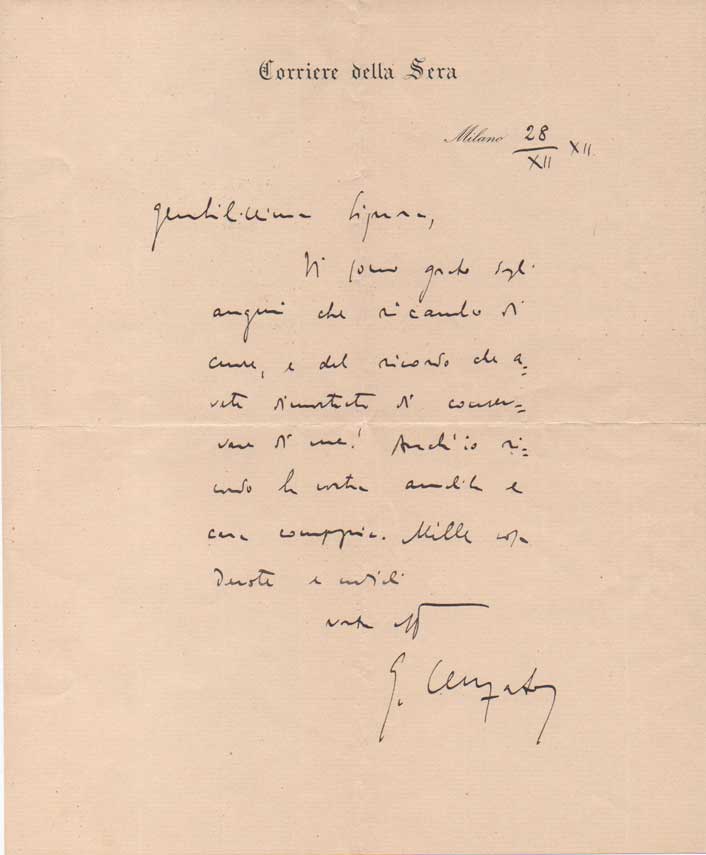 lettera autografa firmata, datata 28 dicembre 1912 - milano, inviata ad una signora