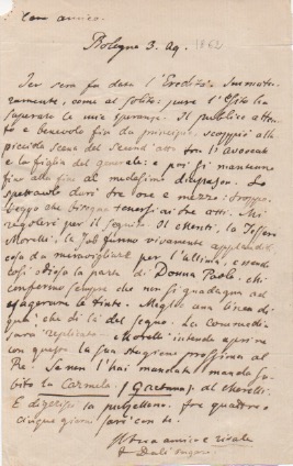 lettera autografa firmata, datata 3 agosto 1862 - bologna, inviata al commediografo giovanni sabbatini (ministero dell interno).