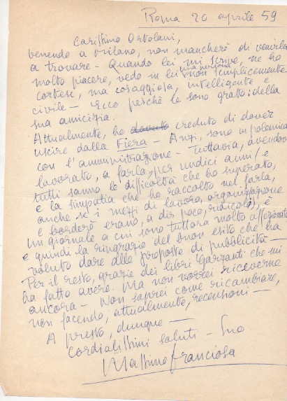 lettera autografa firmata, datata 20 aprile 1959 - roma, inviata a roberto ortolani.