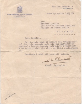 lettera dattiloscritta con firma autografa, datata 29 aprile 1937 - roma, inviata all avvocato alberto luchini.