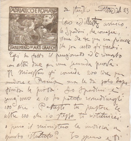 lettera autografa firmata inviata ad un amico. datata “mattina del 23” [1909?]