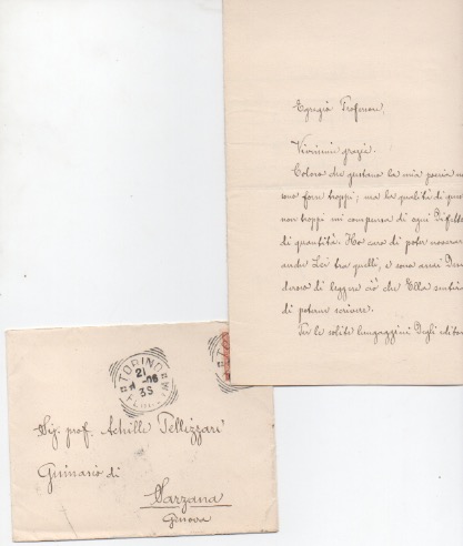 lettera autografa firmata, datata 21 gennaio 1906 - torino, inviata al professor achille pellizzari - ginnasio di sarzana