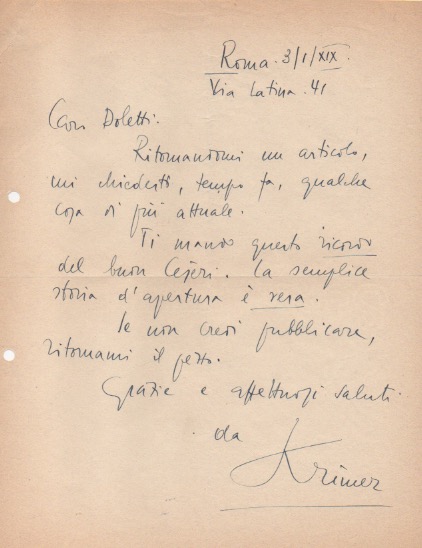 lettera autografa firmata, datata 3 gennaio 1941 - roma, inviata a mino doletti.