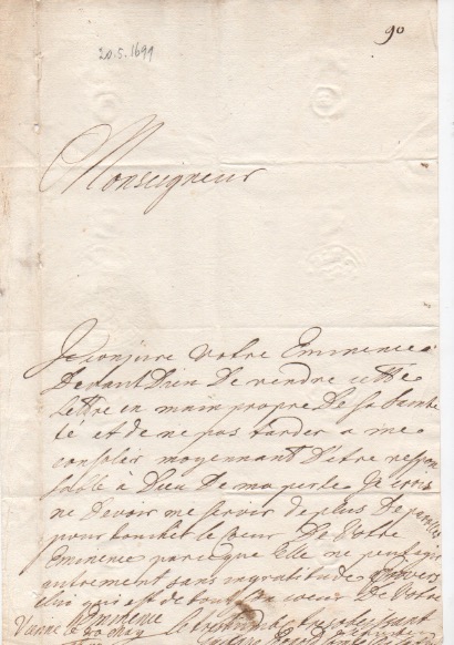 lettera autografa firmata, datata 20 maggio 1699 - vienna, inviata probabilmente al cardinale leandro colloredo
