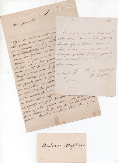 insieme di 2 lettere autografe firmate, datate 1876 e 1877, inviate a camillo tommasi e 1 biglietto da visita.