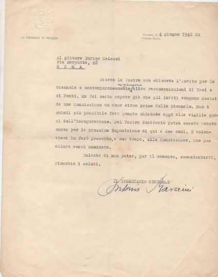 lettera dattiloscritta con firma autografa, datata 4 giugno 1942 - venezia, inviata al pittore enrico galassi.