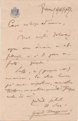 lettera autografa firmata, datata 2 marzo 1927 - firenze, inviata a [diego garoglio].