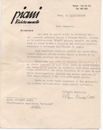 lettera dattiloscritta con firma autografa, datata 25 marzo 1937 - roma, inviata a giovanni mosca, il bertoldo - milano.