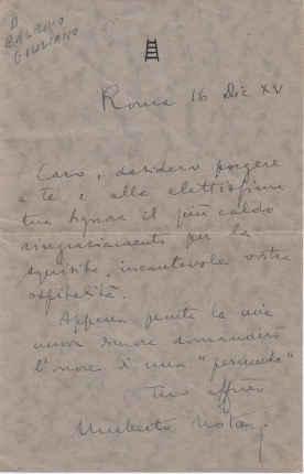 breve lettera autografa firmata. datata 16 dicembre 1937.