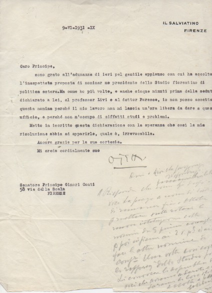 lettera dattiloscritta con firma autografa, datata 9 giugno 1931 - firenze, inviata al principe ginori conti.