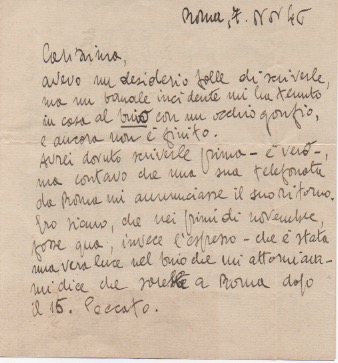 lettera autografa firmata, datata 7 novembre 1946 - roma, inviata a [paola zingone].