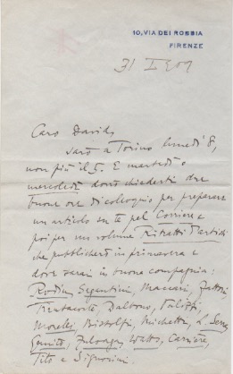 lettera autografa firmata inviata allo scultore davide calandra. datata firenze 31 gennaio 1909