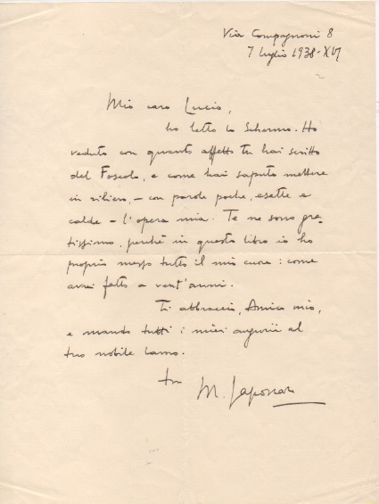 lettera autografa firmata, datata 7 luglio 1938, inviata all amico lucio [d ambra]