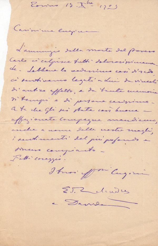 lettera autografa firmata inviata ad una cugina. datata 13 dicembre 1903, torino.