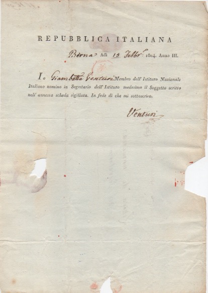 documento a stampa con firma autografa datato 15 febbraio 1804 - berna, indirizzato al matematico giuseppe avanzini