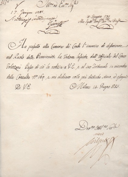 lettera con firma autografa inviata al conte verri. datata 15 giugno 1785.