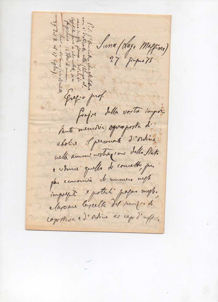 lunga lettera autografa firmata, datata 27 giugno 1875 - suna, lago maggiore, inviata ad un professore.
