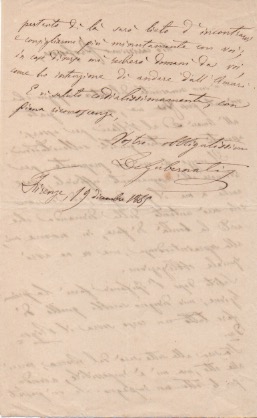 lettera autografa firmata, datata 19 dicembre 1865 - firenze, inviata ad un professore