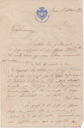 lettera autografa firmata, datata 28 febbraio 1892 - roma, inviata all’amico sangiorgi - poggibonsi.