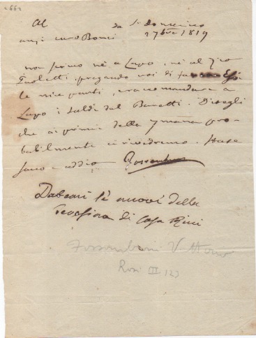 lettera firmata “fossombroni” (presumibilmente autografa), datata 2 settembre 1819 - s. domenico [arezzo], inviata all’amico bonci.