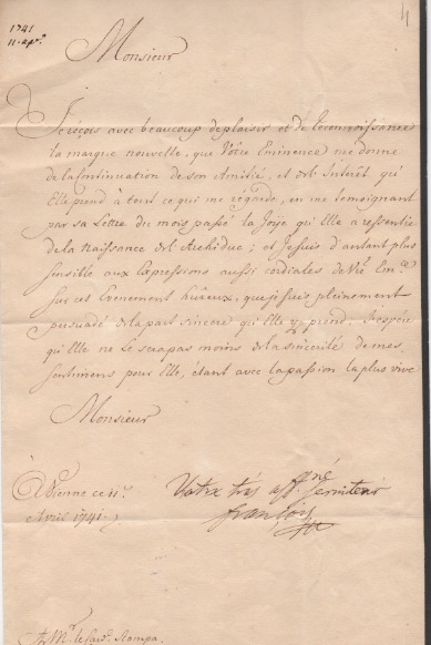 lettera con annotazione e firma autografa, datata 11 aprile 1741 - vienna, inviata al cardinale carlo gaetano stampa.
