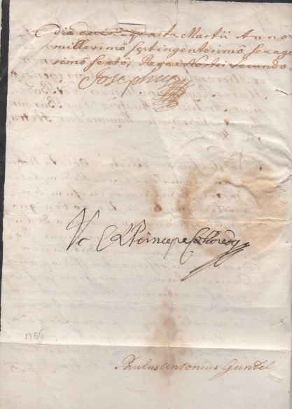 documento cancelleresco con firma ”josephus”, firma autografa del ministro francesco colloredo e sottoscritta di paolo antonio gundel, datata 14 marzo 1766 - vienna.