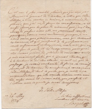 lettera con firma autografa, datata 16 maggio 1774, inviata ad un cugino.