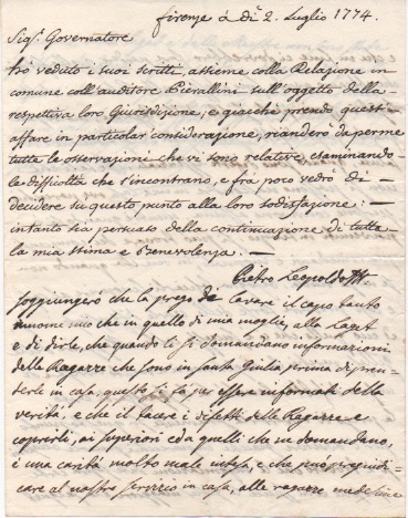 lettera autografa firmata (le prime righe di altra mano), datata 2 luglio 1774 - firenze, inviata al governatore.