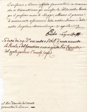 lettera con firma autografa, datata 21 aprile 1778, inviata al marchese bourbon del monte, governatore di livorno