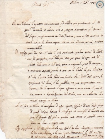 lettera autografa firmata, datata 1 febbraio 1783 - milano, inviata ad un amico.