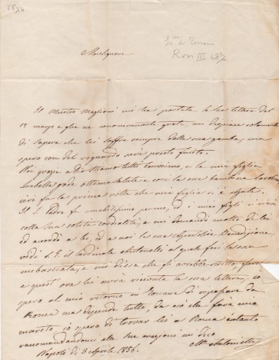 lettera autografa firmata, datata 3 aprile 1856 - napoli, inviata all’arcivescovo di firenze.