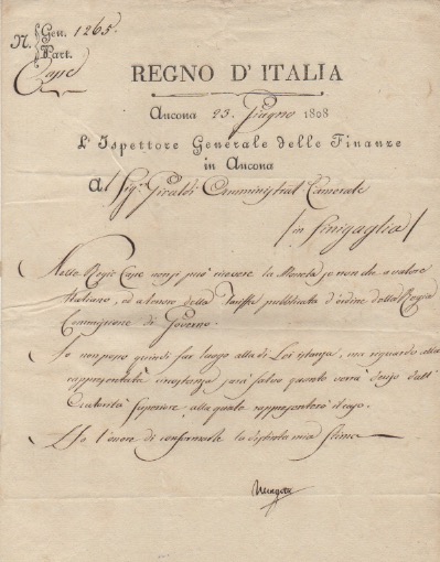 documento con firma autografa, datato 23 giugno 1808 - ancona, inviato al sig. giraldi a sinigaglia.