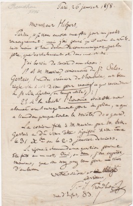 lettera autografa firmata, datata 26 gennaio 1858 - parigi, inviata al sig. hilpert.