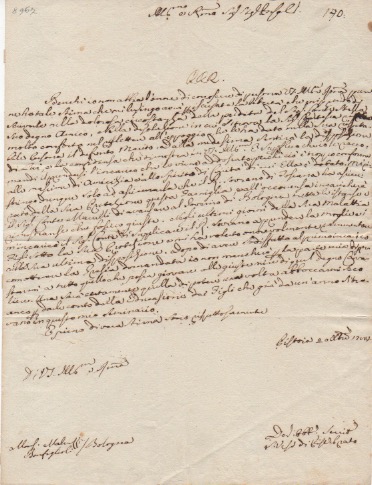 lettera autografa firmata, datata 20 dicembre 1784 (?) – pistoia, inviata a monsignor malvezzi bonfiglioli – bologna.