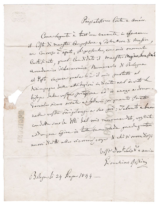 lettera autografa firmata inviata al conte cristino rasponi – ravenna.