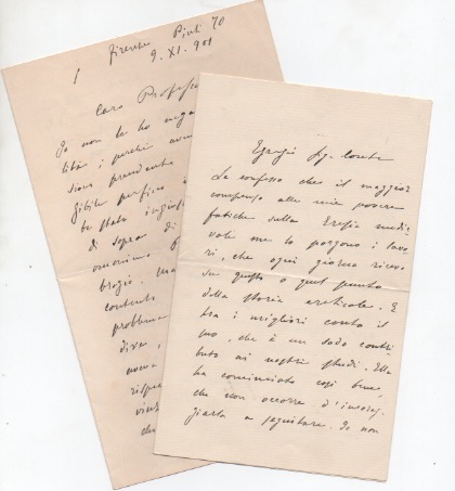 2 lettere autografe firmate. una datata 22 marzo 1897 - firenze, inviata al conte luigi aldovrandi - bologna. l’altra datata 9 novembre 1901 - firenze, inviata al prof. ferrari - roma.