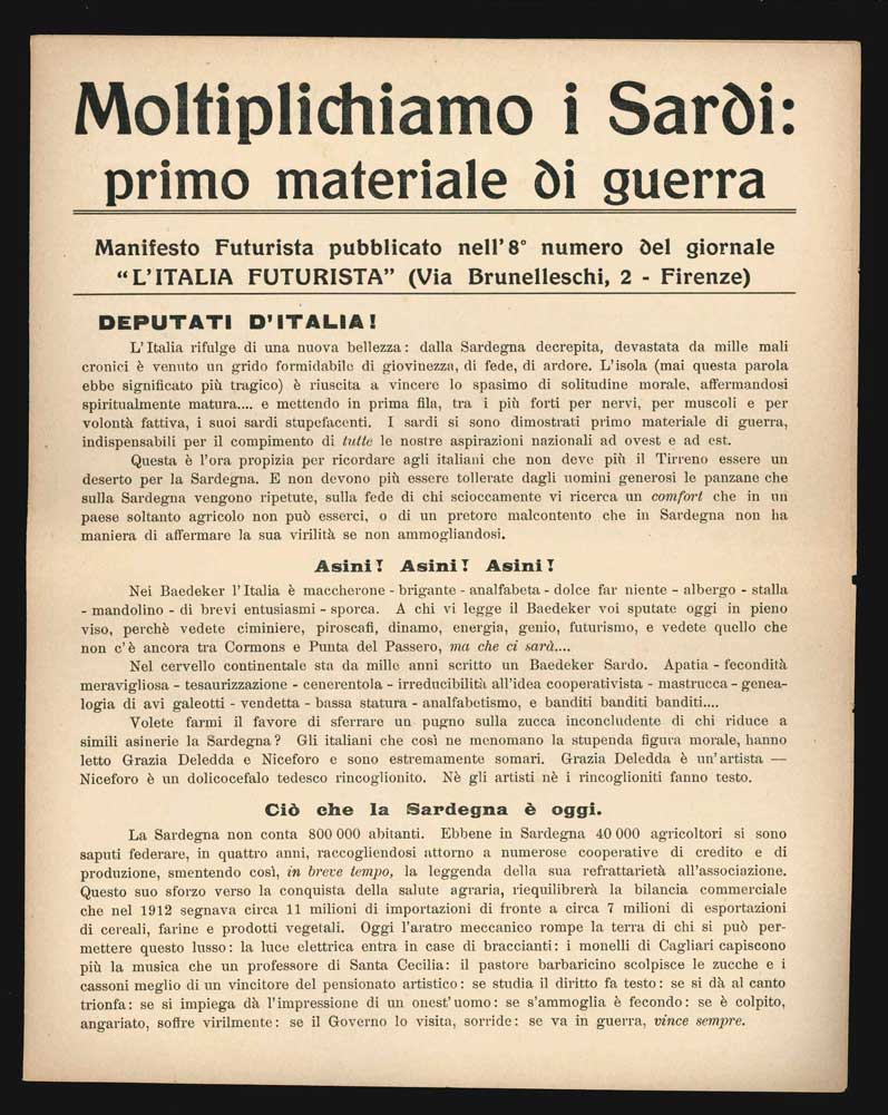 moltiplichiamo i sardi: primo materiale di guerra. manifesto pubblicato nell’8° numero del giornale “l’italia futurista”