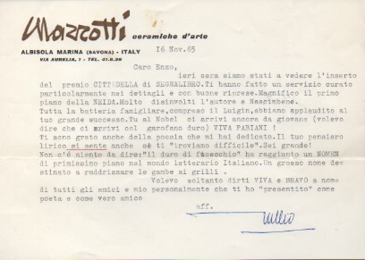 lettera dattiloscritta con firma autografa indirizzata a enzo fabiani. datata 16 novembre 1965