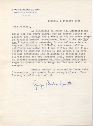lettera dattiloscritta con firma autografa inviata al poeta e giornalista enzo fabiani. datata 4 ottobre 1965