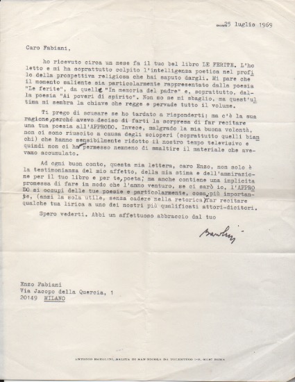 lettera dattiloscritta con firma autografa inviata al  poeta e giornalista enzo fabiani. datata 25 luglio 1969.