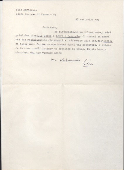 breve lettera dattiloscritta con firma autografa  inviata al  poeta e giornalista enzo fabiani. datata 27 settembre 1993.