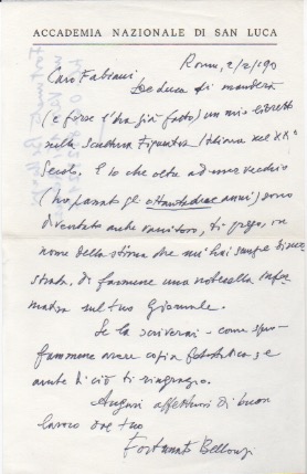 breve lettera autografa firmata  inviata al poeta e giornalista enzo fabiani. datata 2 febbraio 1990
